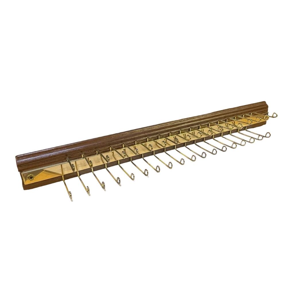 Vintage MCM Wood Brass 36 Hook Swing Arm Tie Rack Wall Mount 19"